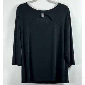 Chico's Travelers Keyhole Top Size 2 Large 12/14 Black 3/4 Sleeve Stretch Knit